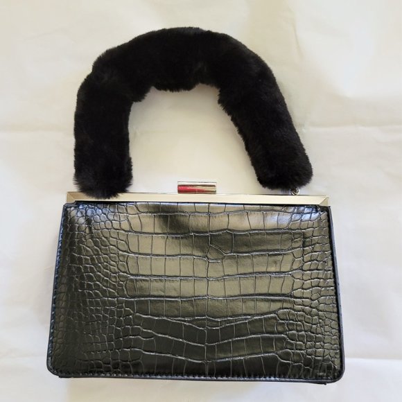 NWT TOPSHOP Georgia Black Faux Fur Handle MocK Croc Bag Purse - Picture 1 of 5